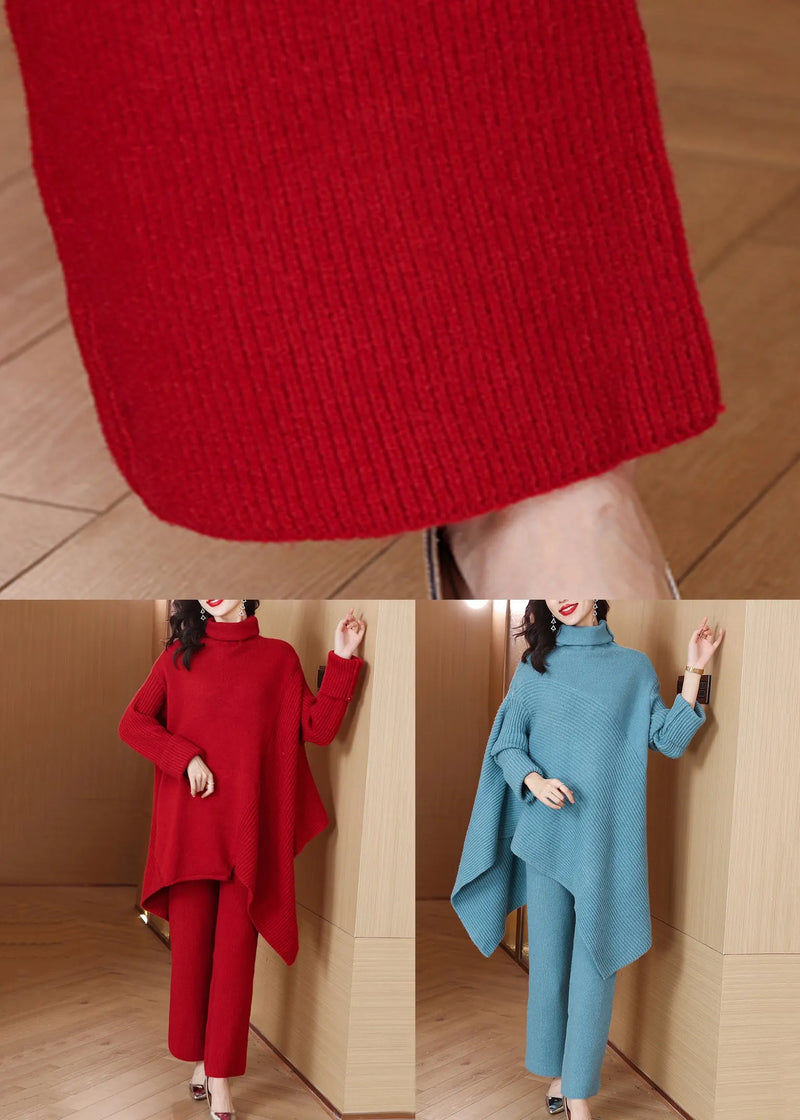 Loose Blue Turtleneck Knit Two Pieces Set Winter