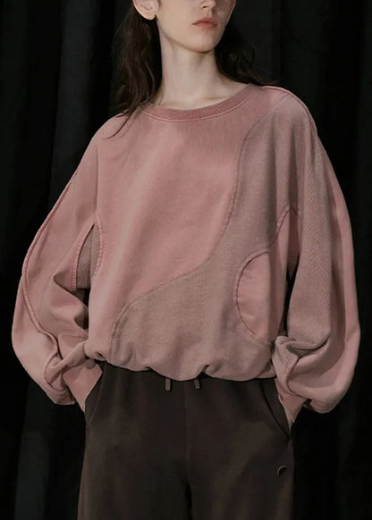 Organic Pink O Neck Patchwork Cotton Sweatshirts Top Fall