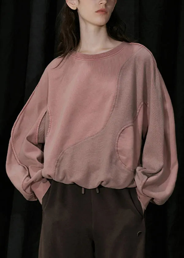 Organic Pink O Neck Patchwork Cotton Sweatshirts Top Fall