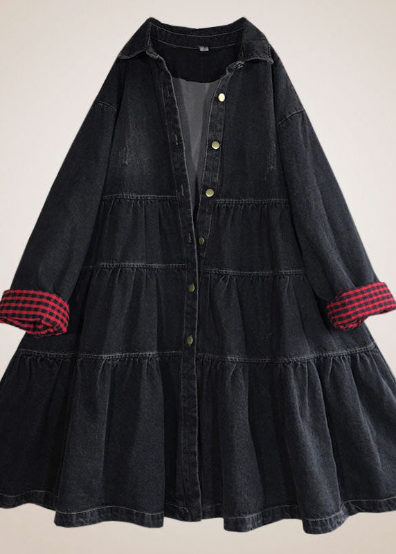 Black Loose Button Patchwork Fall Trench Coats Dress