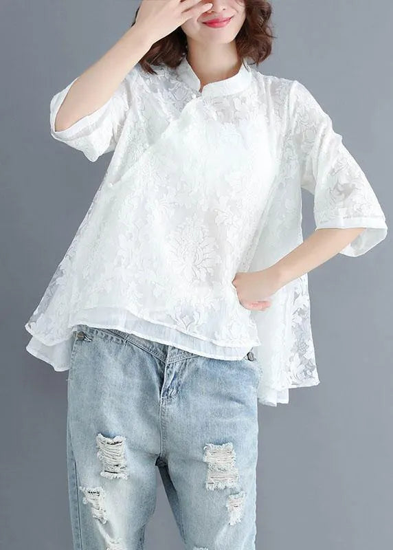 White Stand Collar Asymmetrical Design Summer Tops Three Quarter Sleeve Shirt