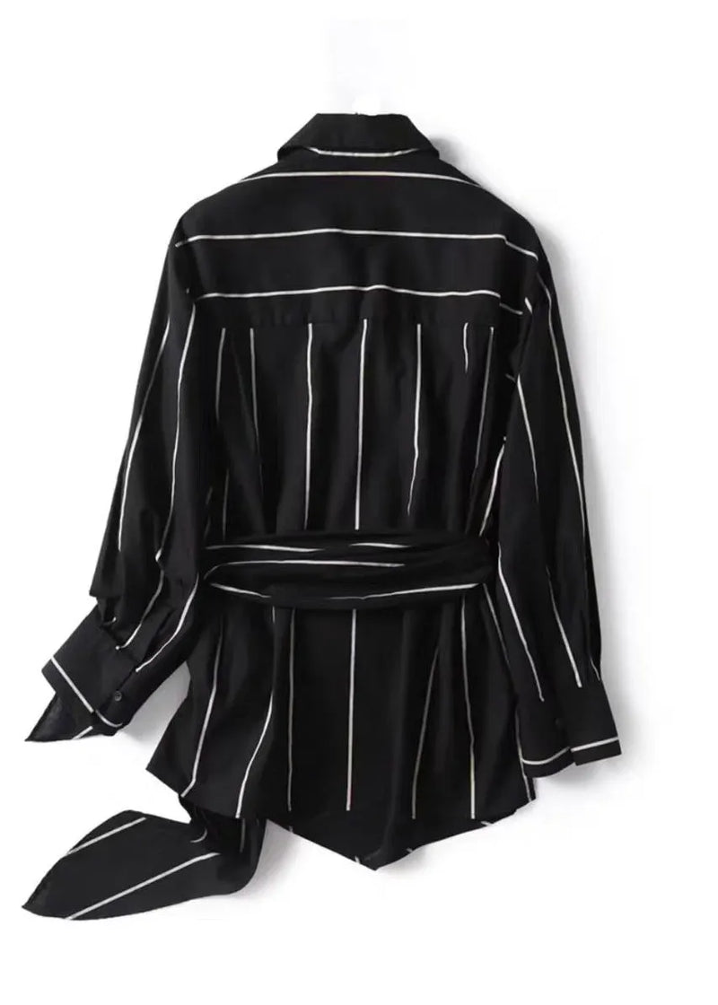 Black Peter Pan Collar Striped Lace Up Linen Tops Fall