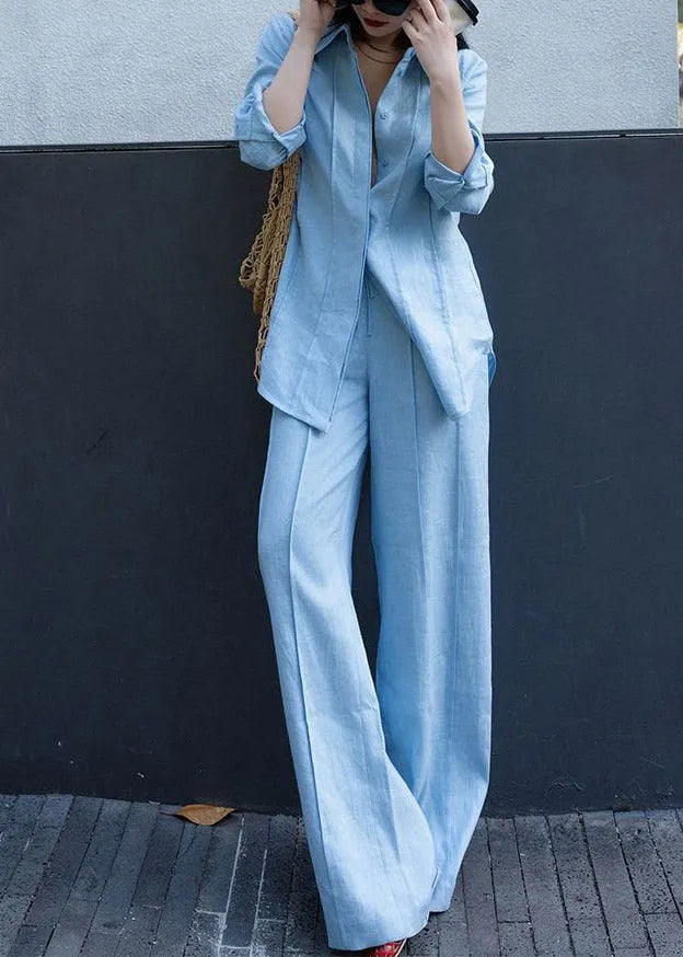 Blue Peter Pan Collar Linen Shirts and Wide Leg Pants Two Pieces Set Long Sleeve