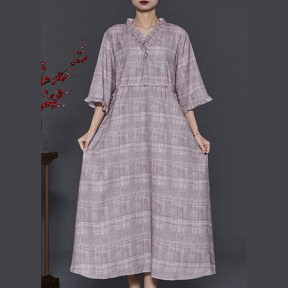 Art Grey Ruffled Drawstring Cotton Long Dress Summer