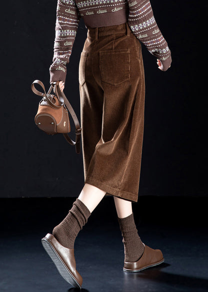 Coffee Button Pockets High Waist Corduroy Wide Leg Pants Spring