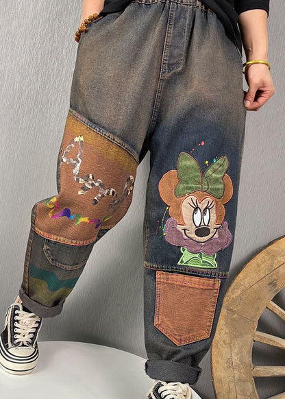 Stylish Blue Embroideried Patchwork Denim Pants Spring