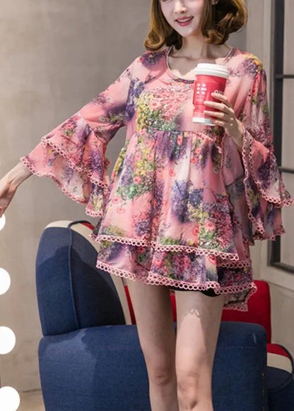 Pink O-neck Print Chiffon Top Long Sleeve
