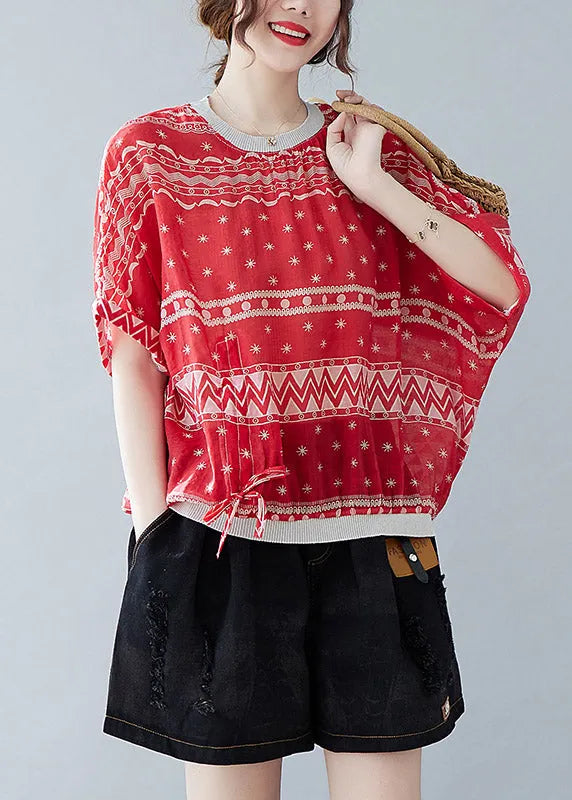 Vogue Red O-neck Print Drawstring T Shirt Summer
