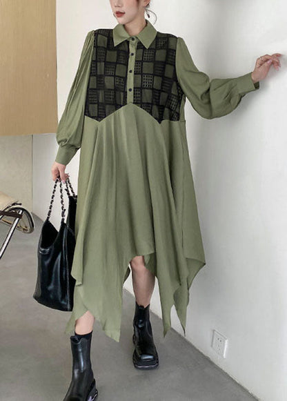 Army Green Asymmetrical Patchwork Cotton Shirt Dresses Spring