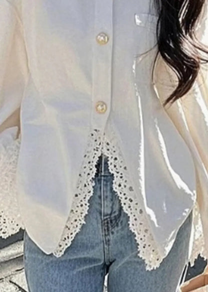 White Peter Pan Collar Lace Button Cotton Shirt Fall