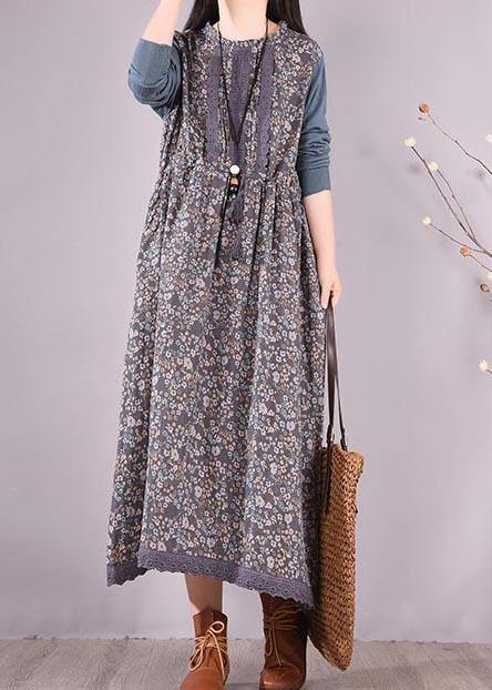 Blue Patchwork Print Dresses O Neck Lace Robe Spring Dresses