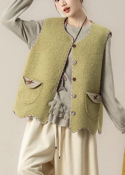 Green Button Faux Fur Waistcoat and Top Two Pieces Set Sleeveless
