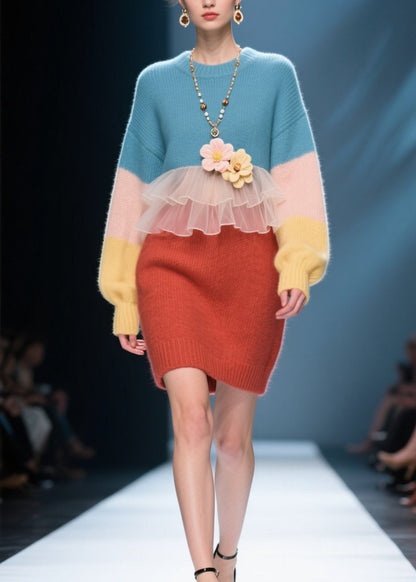 Unique Colorblock O Neck Patchwork Knit Sweater Dress Winter