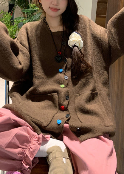 Coffee Pockets Button Cotton Knit Sweaters Coats Fall