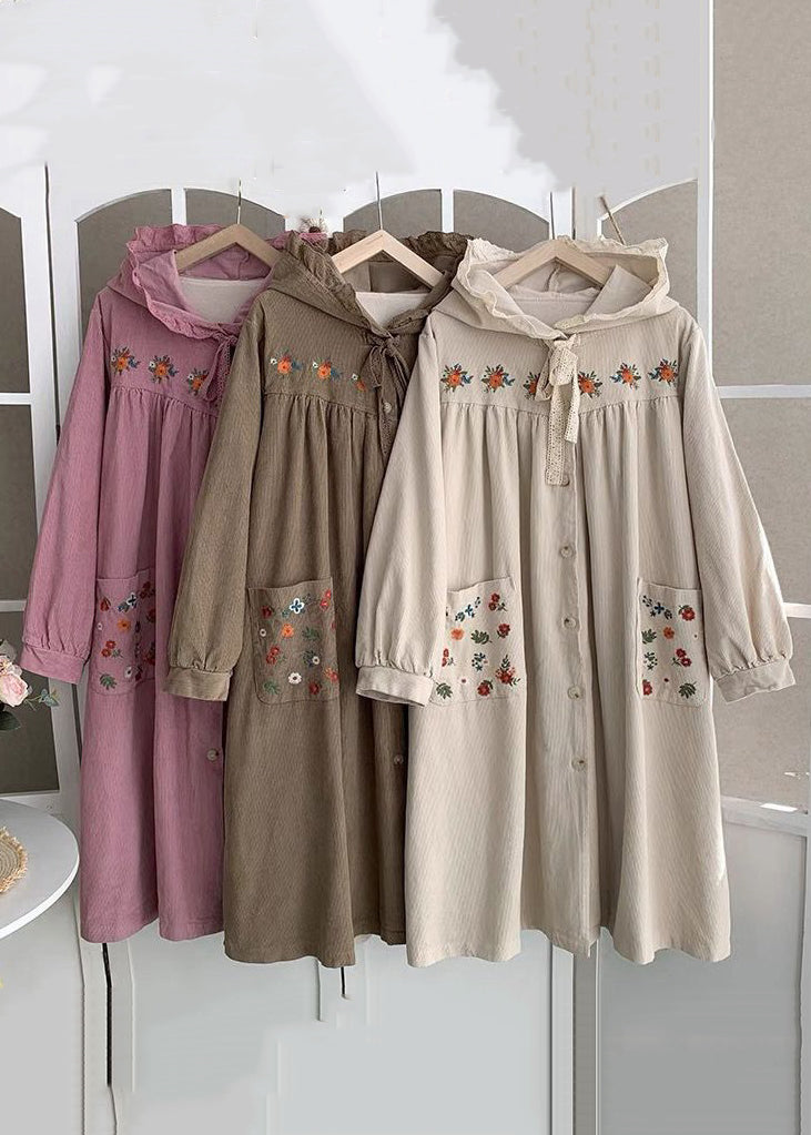 Pink Hooded Embroideried Lace Up Cotton Long Coats Spring