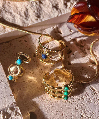 Gold Turquoise Bearded Star Gem Stone Hollow Out Three Piece Set Rings