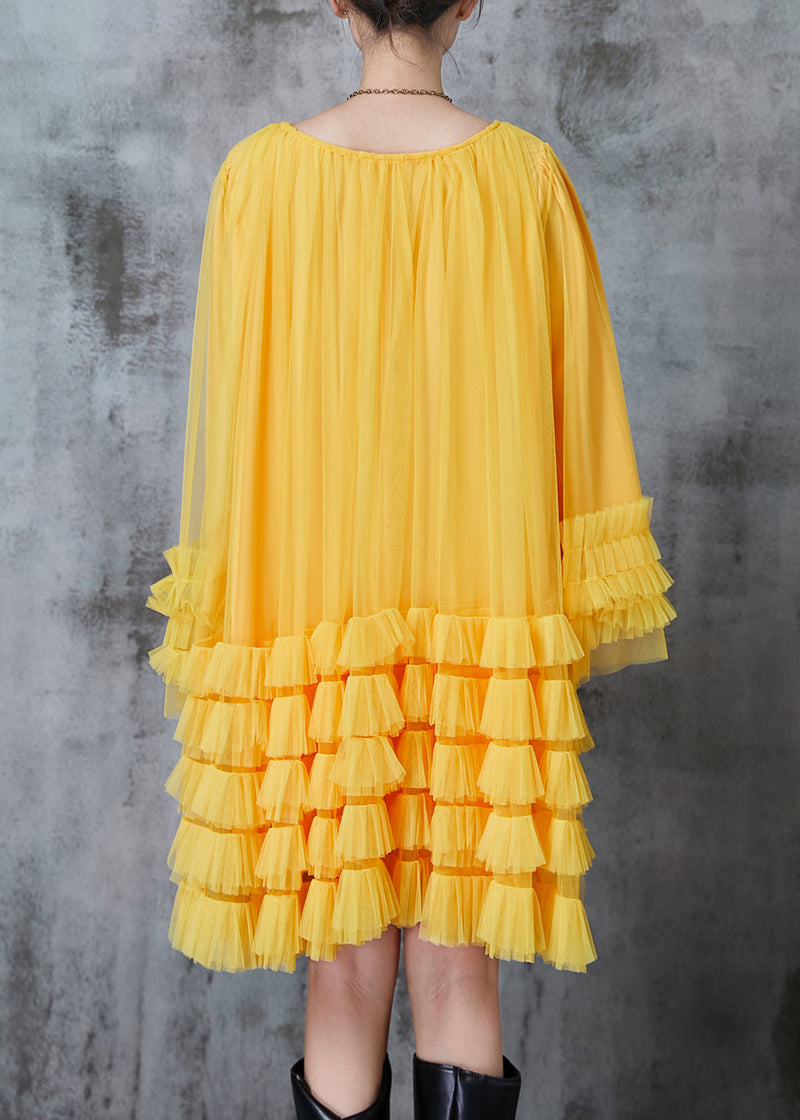 Yellow Oversized Ruffled Tulle Maxi Dresses Fall