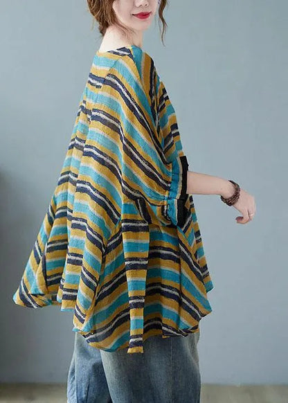 Italian Blue Asymmetric Striped Tee Batwing Sleeve