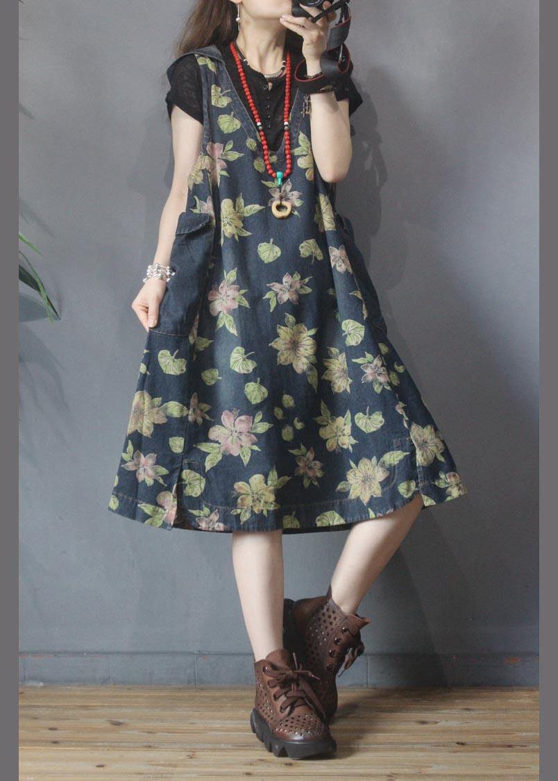 Classy Blue Print Green Cotton Side Open Summer Maxi Dresses