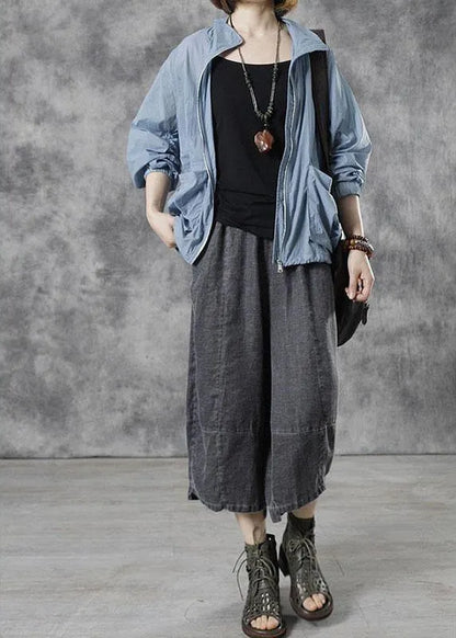 Diy Blue Stand Collar Zippered Fall Long Sleeve Top