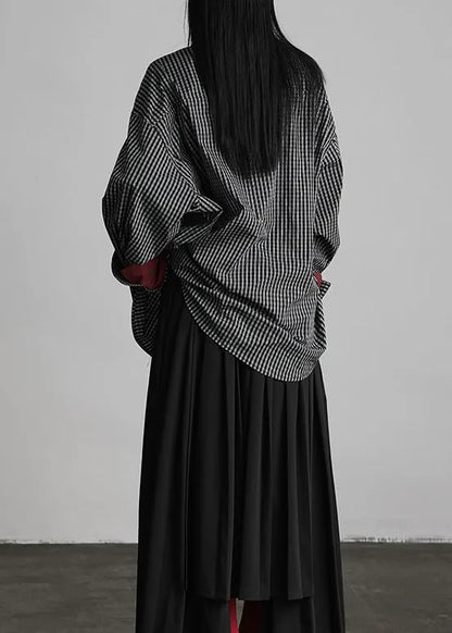 Black Peter Pan Collar Plaid Button Cotton Shirts Fall