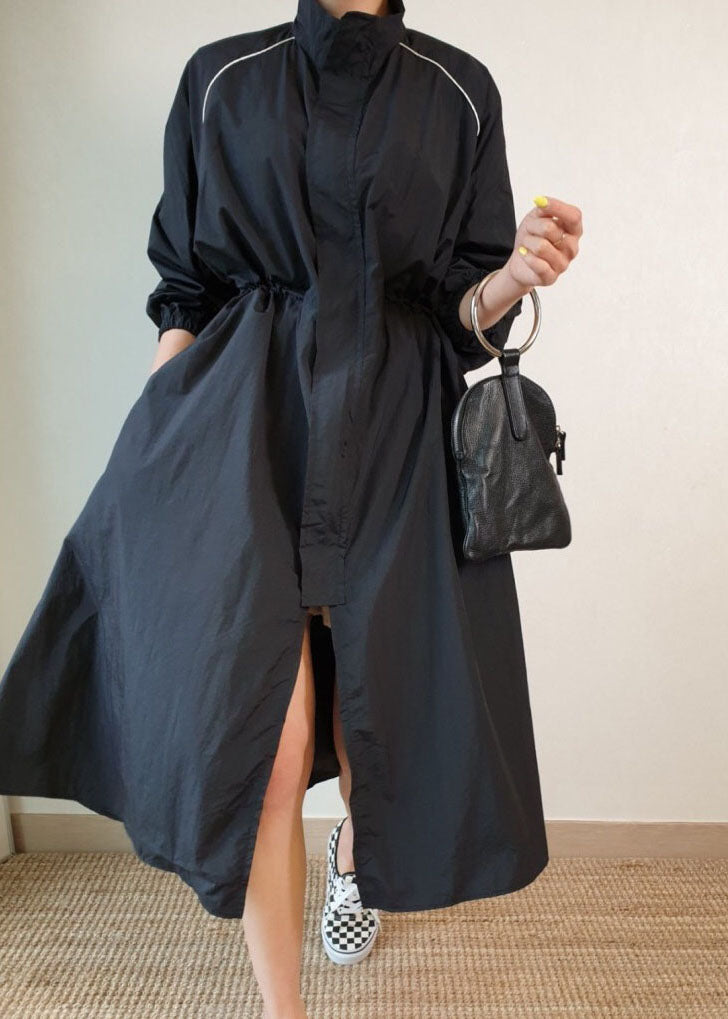 Black Stand Collar Pockets Patchwork Cotton Trench Jackets Spring