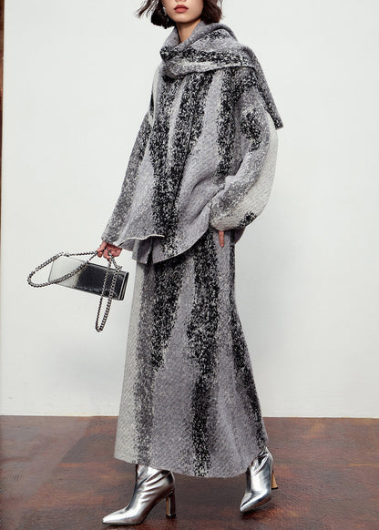Natural Grey Button Cotton Knit Scarf,cardigans and Maxi Skirtsthree Pieces Set Winter
