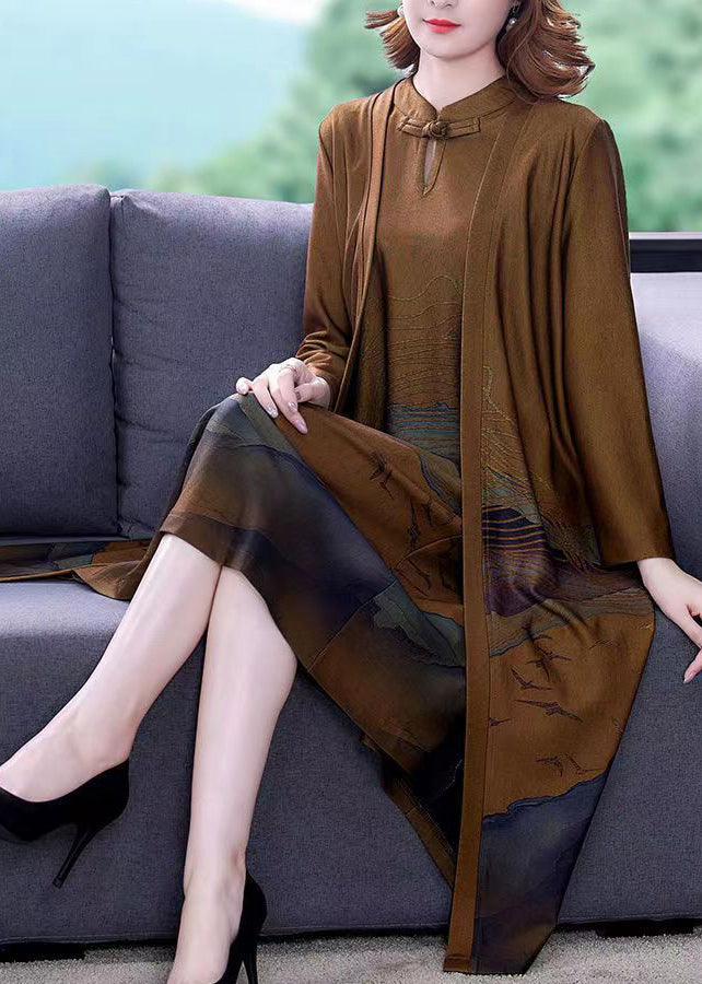 Italian Yellow Stand Collar Print Silk Trench Coats and Dress Two Piece Set Long Sleeve