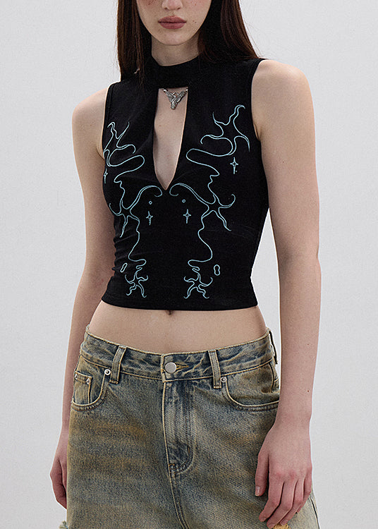 Black Hollow Out Embroidered Cotton Tank Sleeveless