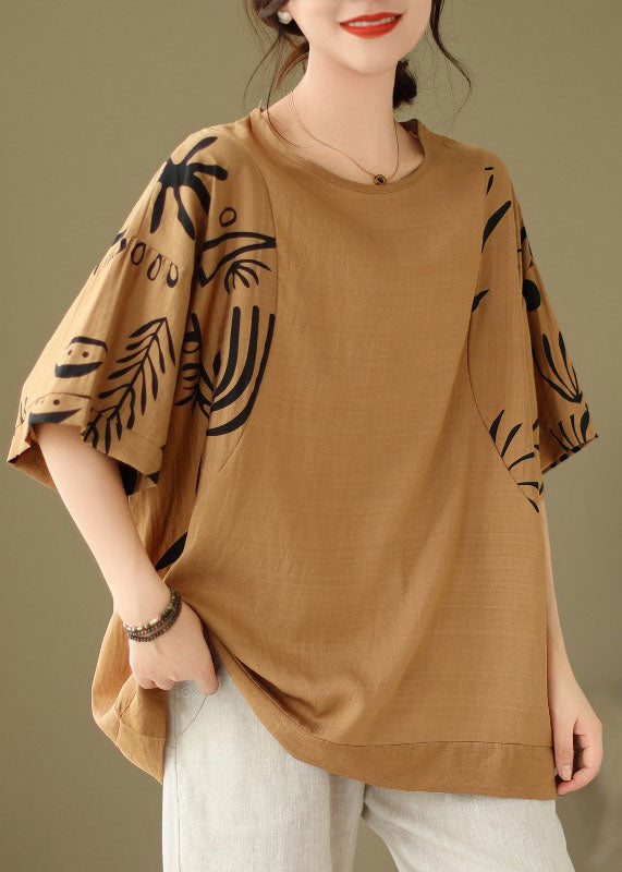 Coffee O-neck Print Cozy Top Summer