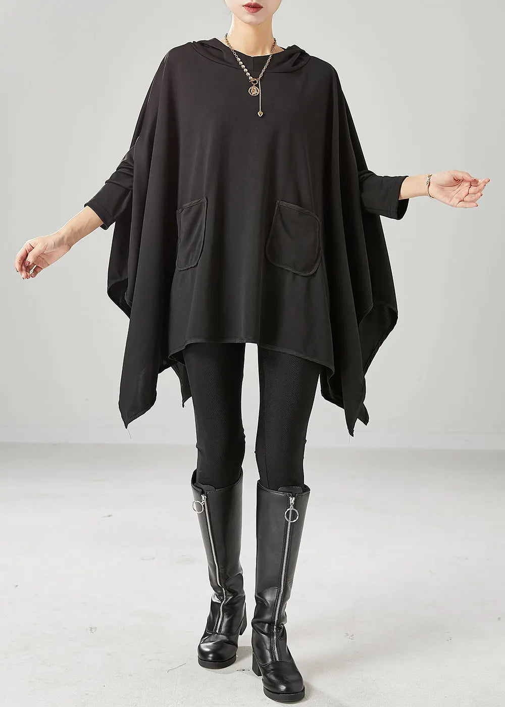 Black Oversized Asymmetrical Cotton Pullover Fall
