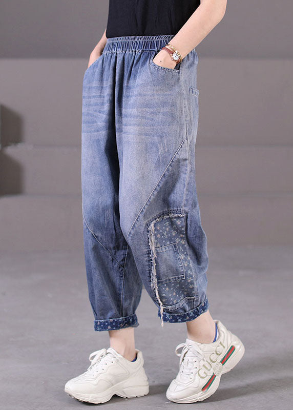 Blue Elastic Waist Pockets Patchwork Applique Cotton Denim Harem Pants Summer