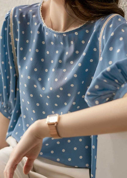Blue O-neck Dot Print Silk Blouse Tops Summer