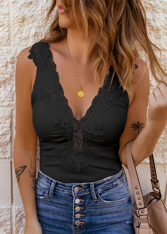 Slim Fit Black V Neck Lace Patchwork Tank Sleeveless