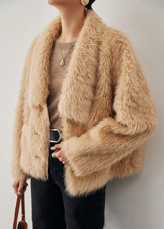 Light Camel Pockets Woolen Winter Coats V Neck