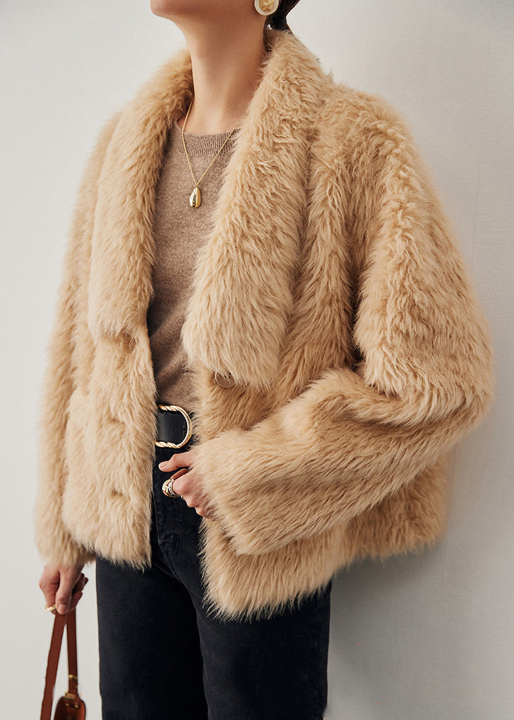 Light Camel Pockets Woolen Winter Coats V Neck
