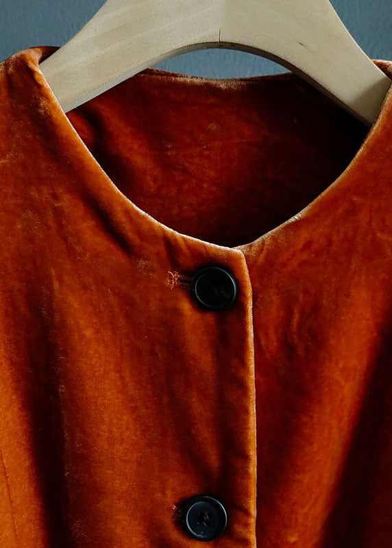 Orange O-neck Button Patchwork Silk Velour Coats Spring