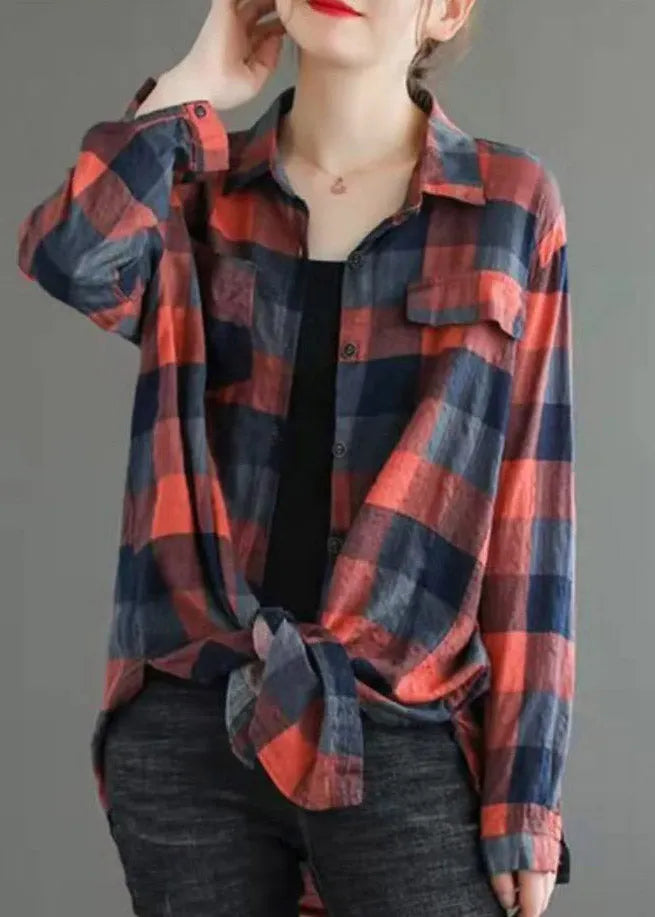 Red Pockets Peter Pan Collar Plaid Button Shirt Long Sleeve