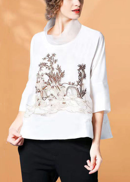 White Stand Collar Embroidered Silk Shirt Spring