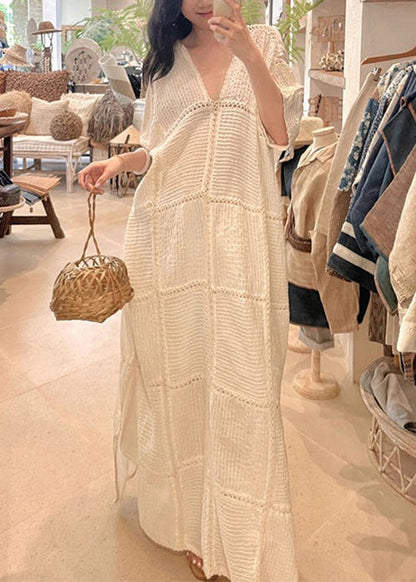 White V Neck Hollow Out Side Open Knit Dresses Half Sleeve Summer