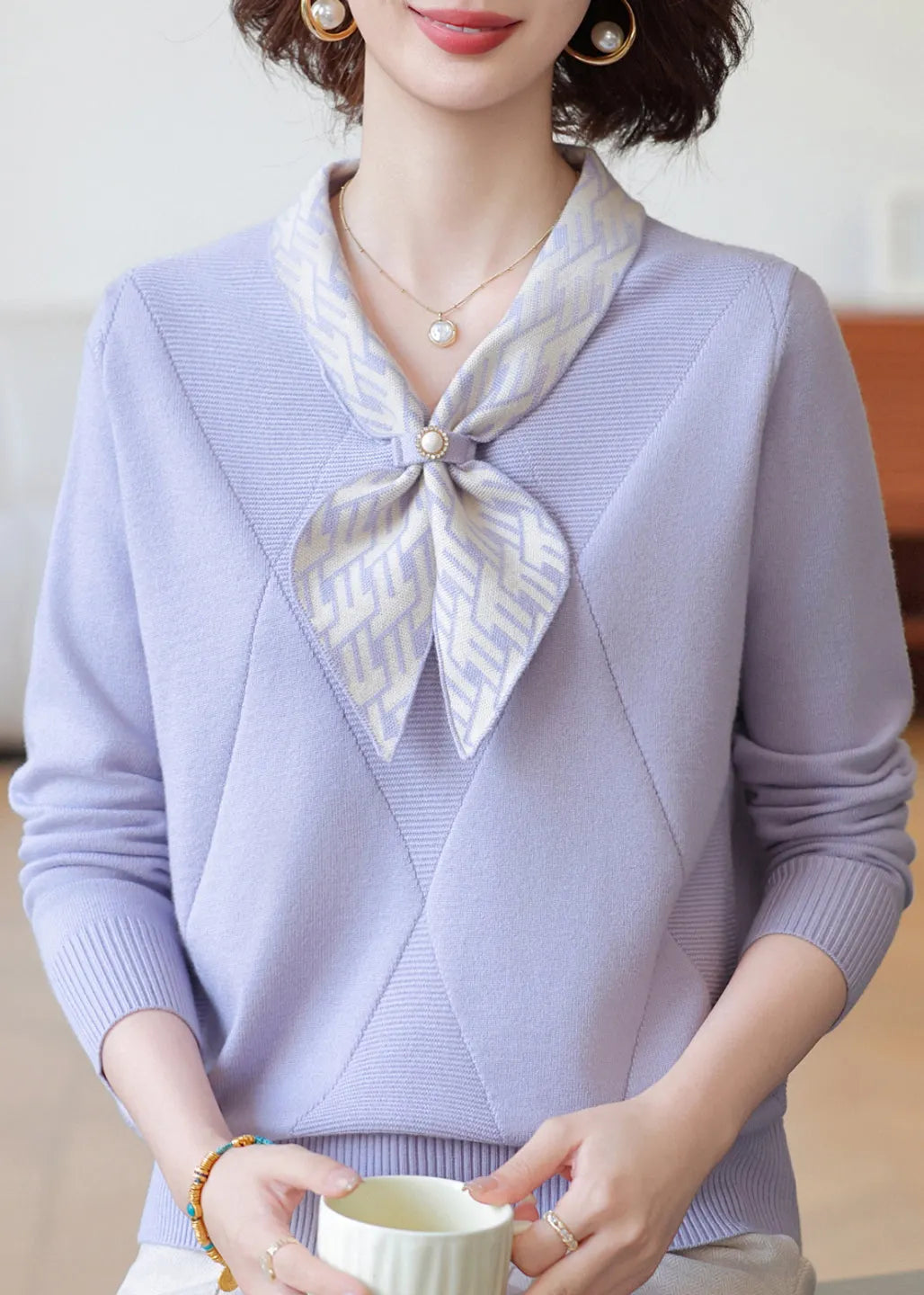 Brief Light Purple Bow Patchwork Cotton Knit Sweaters Fall