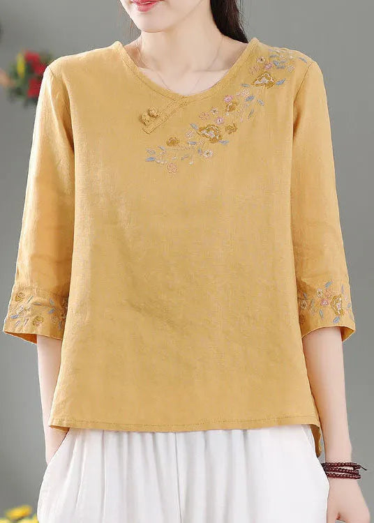 Style Yellow O-neck Embroideried Linen Top Three Quarter Sleeve