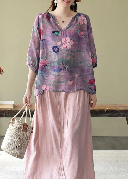 Purple Retro Print Fall Half Sleeve Shirt Top