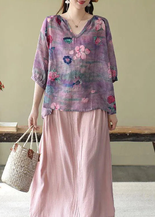 Purple Retro Print Fall Half Sleeve Shirt Top