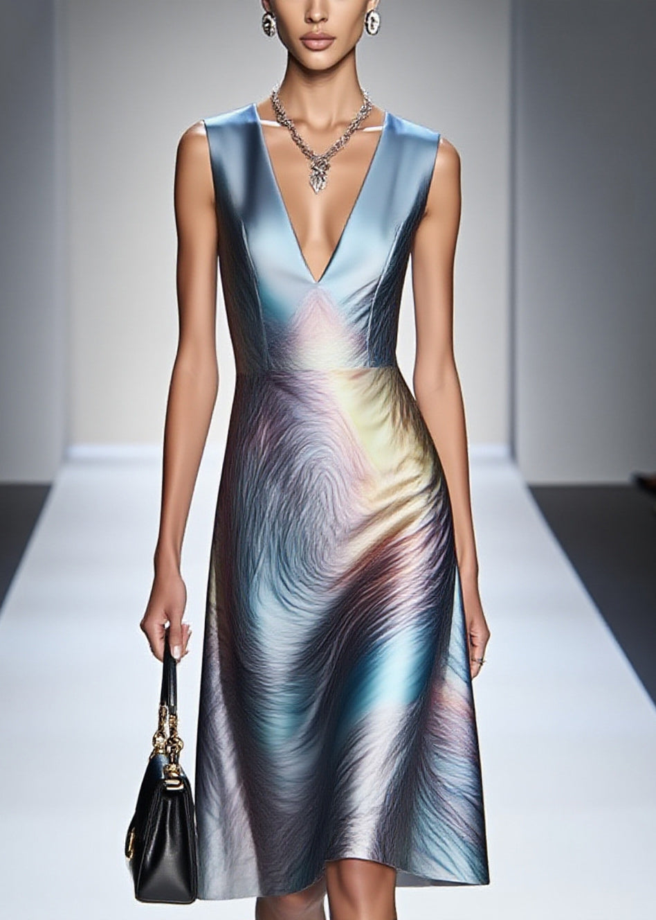 Gradient Blue V Neck Silm Fit Silk Tea Dress Sleeveless