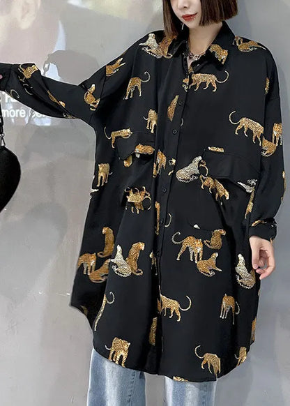 Black Peterpan Collar Button Pockets Print Fall Top Long Sleeve