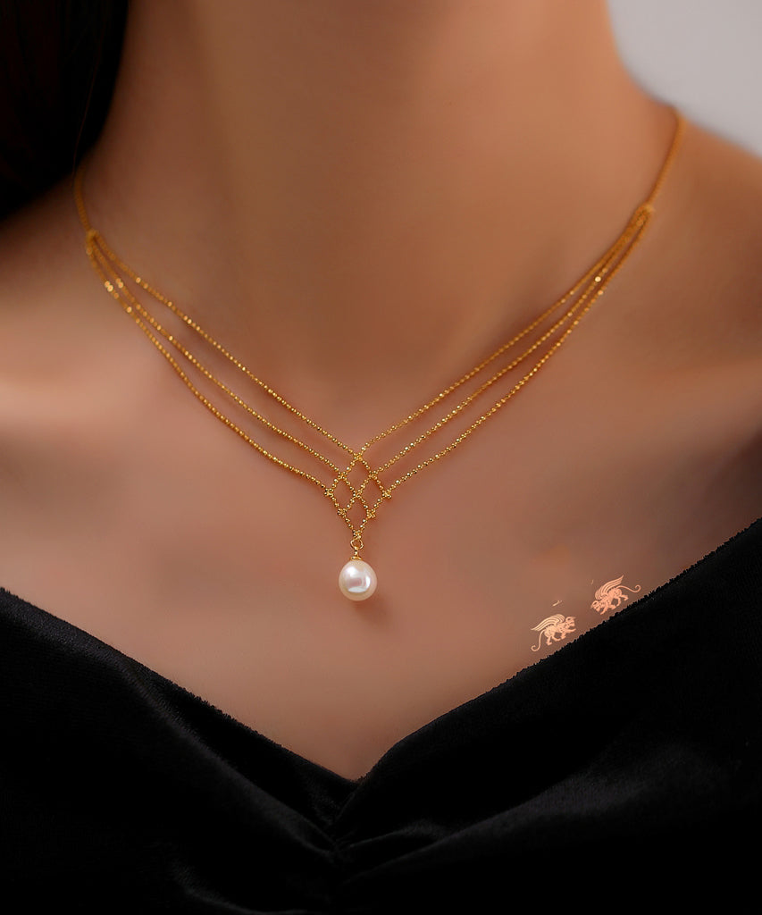 Stylish Gold 14k Gold Pearl Lase Multi Layer Pendant Necklace
