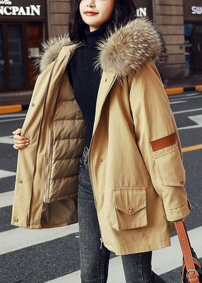 Army Green Zip Up Fur Collar Cotton Puffer Parka Jacket Winter