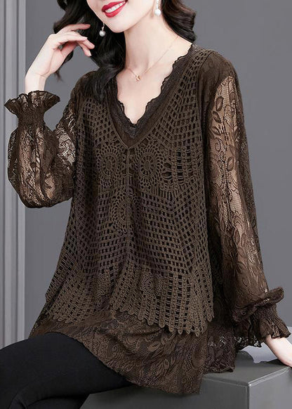 Coffee Ruffled Hollow Out Patchwork Knit Shirt Tops Fall