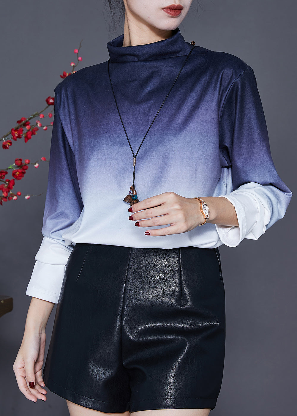 Navy Turtle Neck Gradient Color Cotton Shirt Tops Spring